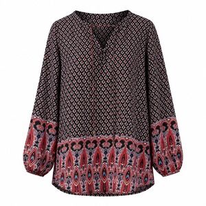 Time To Bloom Boho Paisley 3X Lace Up V-Neck Balloon‎ Sleeve Blouse Black hippie